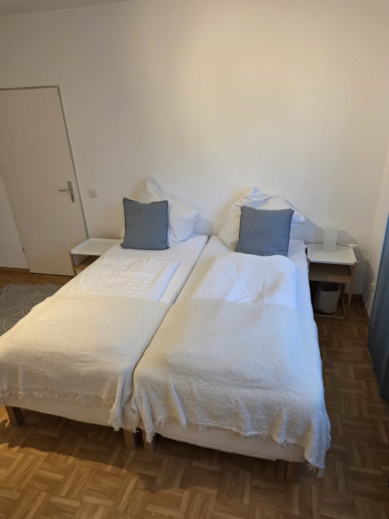 Zwei Betten mit weißer Bettwäsche