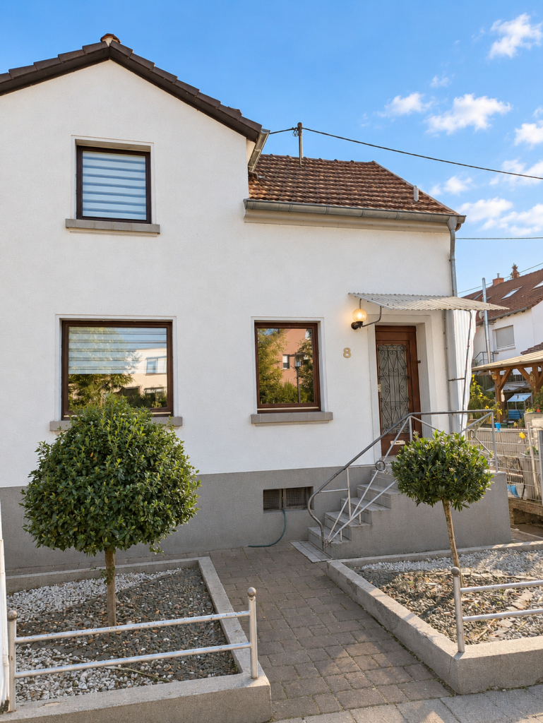 Außenansicht des Hauses in Ensdorf mit Eingang und Vorgarten